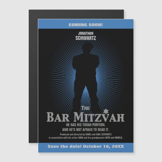 Movie Star Bar Mitzvah Save the Date Black Navy Magnetische Uitnodiging (Voorkant / Achterkant)