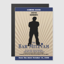 Movie Star Bar Mitzvah Save the Date Tan Navy Blue