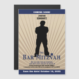 Movie Star Bar Mitzvah Save the Date Tan Navy Blue Magnetische Uitnodiging