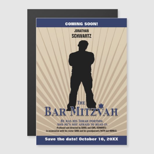 Movie Star Bar Mitzvah Save the Date Tan Navy Blue Magnetische Uitnodiging (Voorkant / Achterkant)