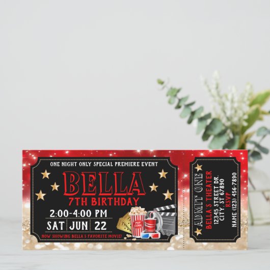 Movie Ticket Birthday Uitnodiging (Staand voorkant)