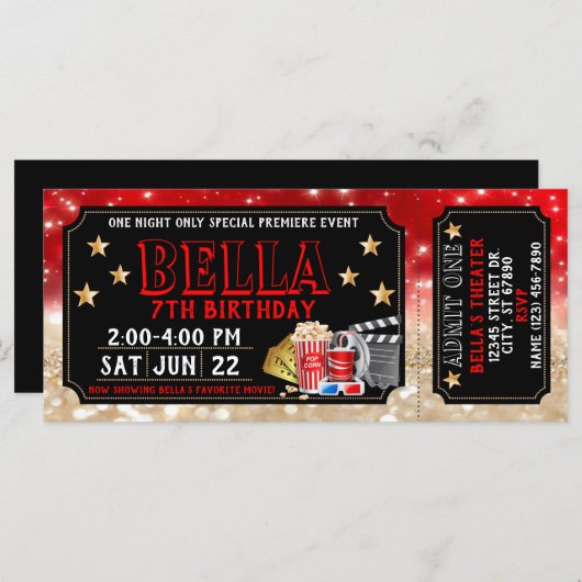 Movie Ticket Birthday Uitnodiging (Voorkant / Achterkant)