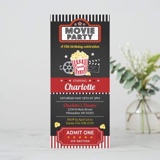 Movie Ticket Invite, Movie Night Invitation (Staand voorkant)
