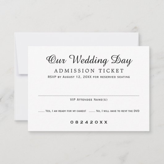 Movie Ticket Toegang Zwart-wit Bruiloft RSVP Kaartje (Voorkant)