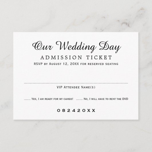 Movie Ticket Toegang Zwart-wit Bruiloft RSVP Kaartje (Voorkant)
