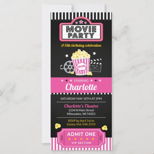 Movie Ticket uitnodigen, Movie Night uitnodiging R (Voorkant)