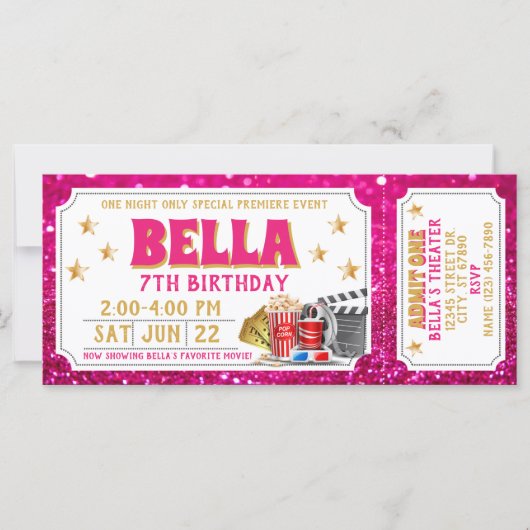 Movie Ticket Verjaardag Uitnodiging Pink Glitter (Voorkant)