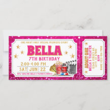 Movie Ticket Verjaardag Uitnodiging Pink Glitter
