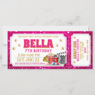 Movie Ticket Verjaardag Uitnodiging Pink Glitter