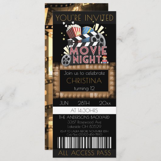 Movie Ticket Verjaardagsfeestuitnodiging Kaart (Voorkant / Achterkant)