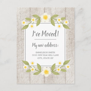 Moving Announce Rustic Wood White Yellow Flowers Briefkaart