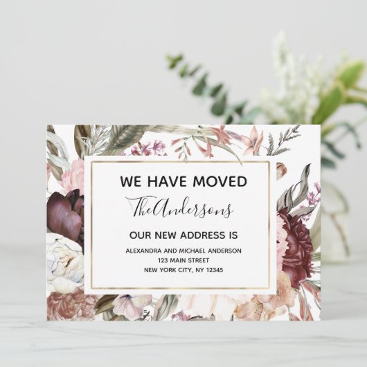 Moving Announcement Boho Mauve Floral Kaart (Staand voorkant)