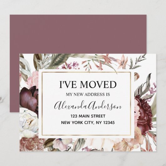 Moving Announcement Boho Mauve Floral Kaart (Voorkant / Achterkant)