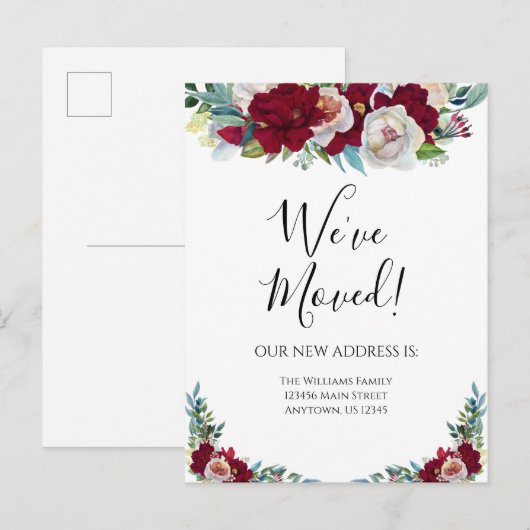 Moving Announcement Red Burgundy Flowers Floral Briefkaart (Voorkant / Achterkant)