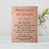 Moving Day Party uitnodiging Werk voor eten? (Staand voorkant)