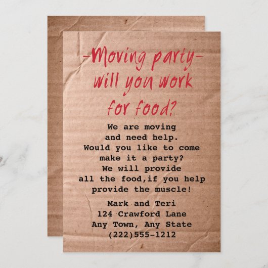 Moving Day Party uitnodiging Werk voor eten? (Voorkant / Achterkant)