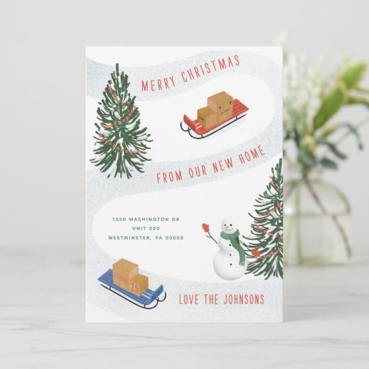 Moving Sleds Winter Snowman Bewegende Aankondiging (Staand voorkant)