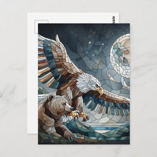 Mozaïek Ai Art | Bruin Beer en een Eagle Volle Maa Briefkaart (Voorkant / Achterkant)