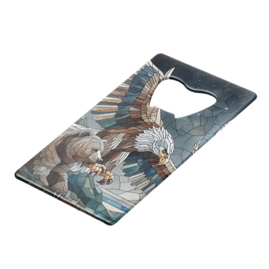 Mozaïek Ai Art | Bruin Beer en een Eagle Volle Maa Creditkaart Flessenopener (Achterkant Gekanteld)