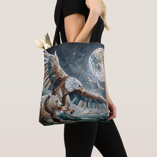 Mozaïek Ai Art | Bruin Beer en een Eagle Volle Maa Tote Bag (Dichtbij)