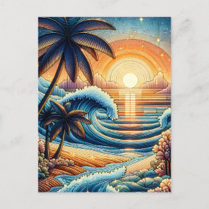 Mozaïek Ai Art   Ocean Sunset en Palm Trees Briefkaart