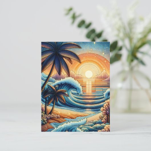 Mozaïek Ai Art | Ocean Sunset en Palm Trees Briefkaart (Staand voorkant)