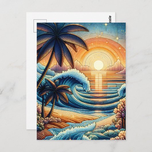 Mozaïek Ai Art | Ocean Sunset en Palm Trees Briefkaart (Voorkant / Achterkant)