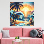 Mozaïek Ai Art | Ocean Sunset en Palm Trees Canvas Afdruk (Insitu (Woonkamer))