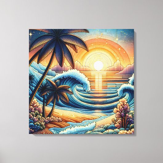 Mozaïek Ai Art | Ocean Sunset en Palm Trees Canvas Afdruk (Voorkant)