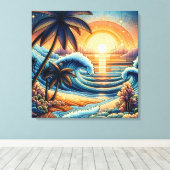 Mozaïek Ai Art | Ocean Sunset en Palm Trees Canvas Afdruk (Insitu (Houten vloer))