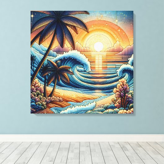 Mozaïek Ai Art | Ocean Sunset en Palm Trees Canvas Afdruk (Insitu (Houten vloer))
