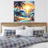 Mozaïek Ai Art | Ocean Sunset en Palm Trees Canvas Afdruk (Insitu (Slaapkamer))
