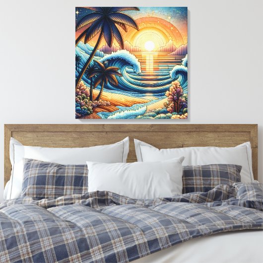 Mozaïek Ai Art | Ocean Sunset en Palm Trees Canvas Afdruk (Insitu (Slaapkamer))