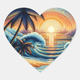 Mozaïek Ai Art | Ocean Sunset en Palm Trees Hart Sticker