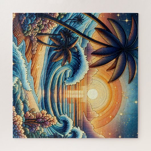 Mozaïek Ai Art | Ocean Sunset en Palm Trees Legpuzzel (Horizontaal)