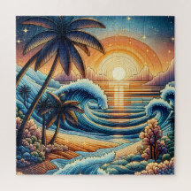 Mozaïek Ai Art | Ocean Sunset en Palm Trees