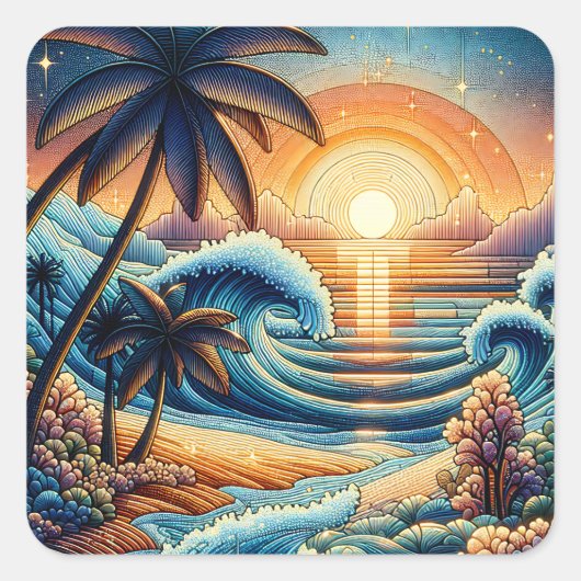 Mozaïek Ai Art | Ocean Sunset en Palm Trees Vierkante Sticker (Voorkant)