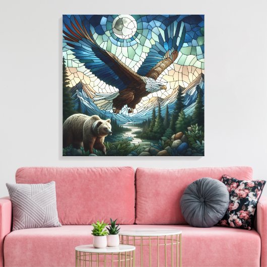 Mozaïek Beer en Eagle in de bergen Ai Art Canvas Afdruk (Insitu (Woonkamer))