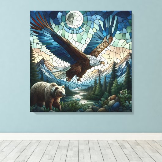 Mozaïek Beer en Eagle in de bergen Ai Art Canvas Afdruk (Insitu (Houten vloer))