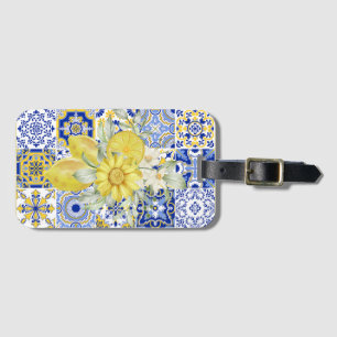 Mozaïek Bloeit In Blauw En Geel Bagagelabel