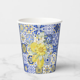 Mozaïek Bloeit In Blauw En Geel Papieren Bekers