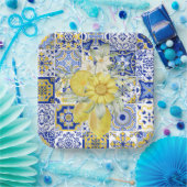 Mozaïek Bloeit In Blauw En Geel Papieren Bordje (Feest)