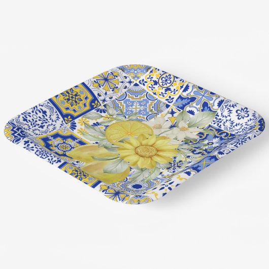 Mozaïek Bloeit In Blauw En Geel Papieren Bordje (Gebogen)