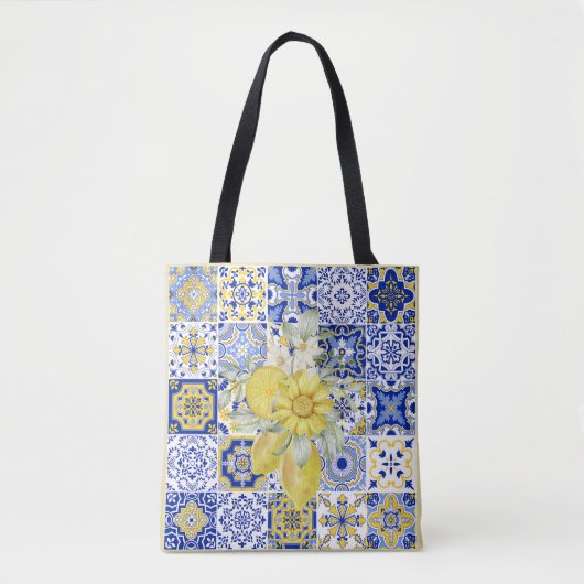 Mozaïek Bloeit In Blauw En Geel Tote Bag (Voorkant)