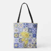 Mozaïek Bloeit In Blauw En Geel Tote Bag (Achterkant)