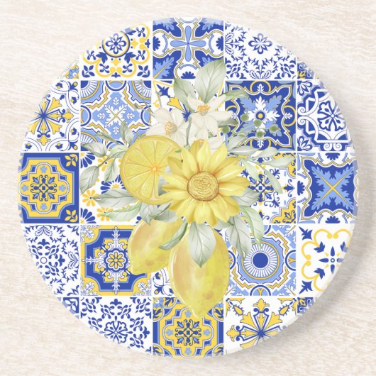 Mozaïek Bloeit In Blauw En Geel Zandsteen Onderzetter (Voorkant)