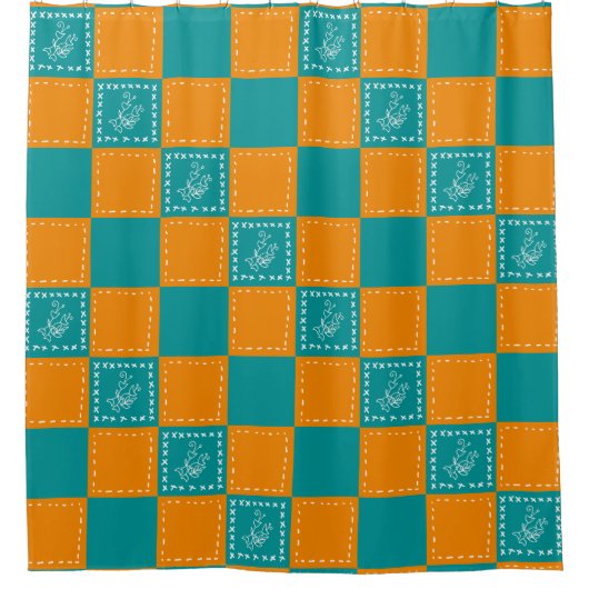 Mozaïek doodle bloemenvierkanten douchegordijn (Voorkant)