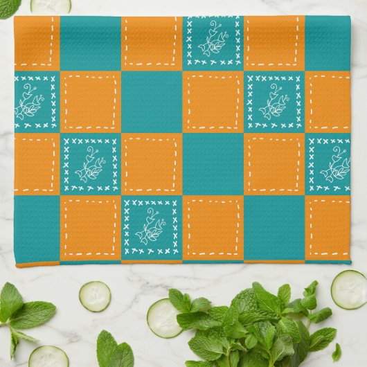 Mozaïek doodle bloemenvierkanten theedoek (Gevouwen)