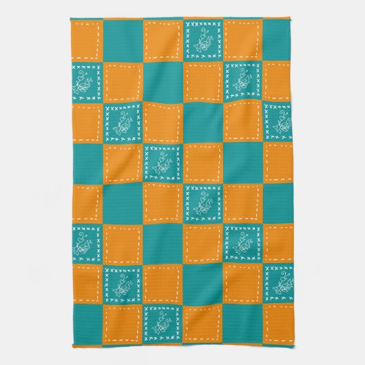 Mozaïek doodle bloemenvierkanten theedoek (Verticaal)