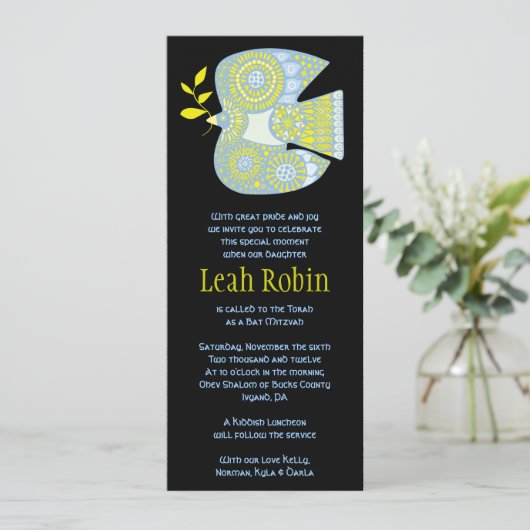 MOZAÏEK DUIF VAN VREDE Bat Mitswa Uitnodiging (Staand voorkant)